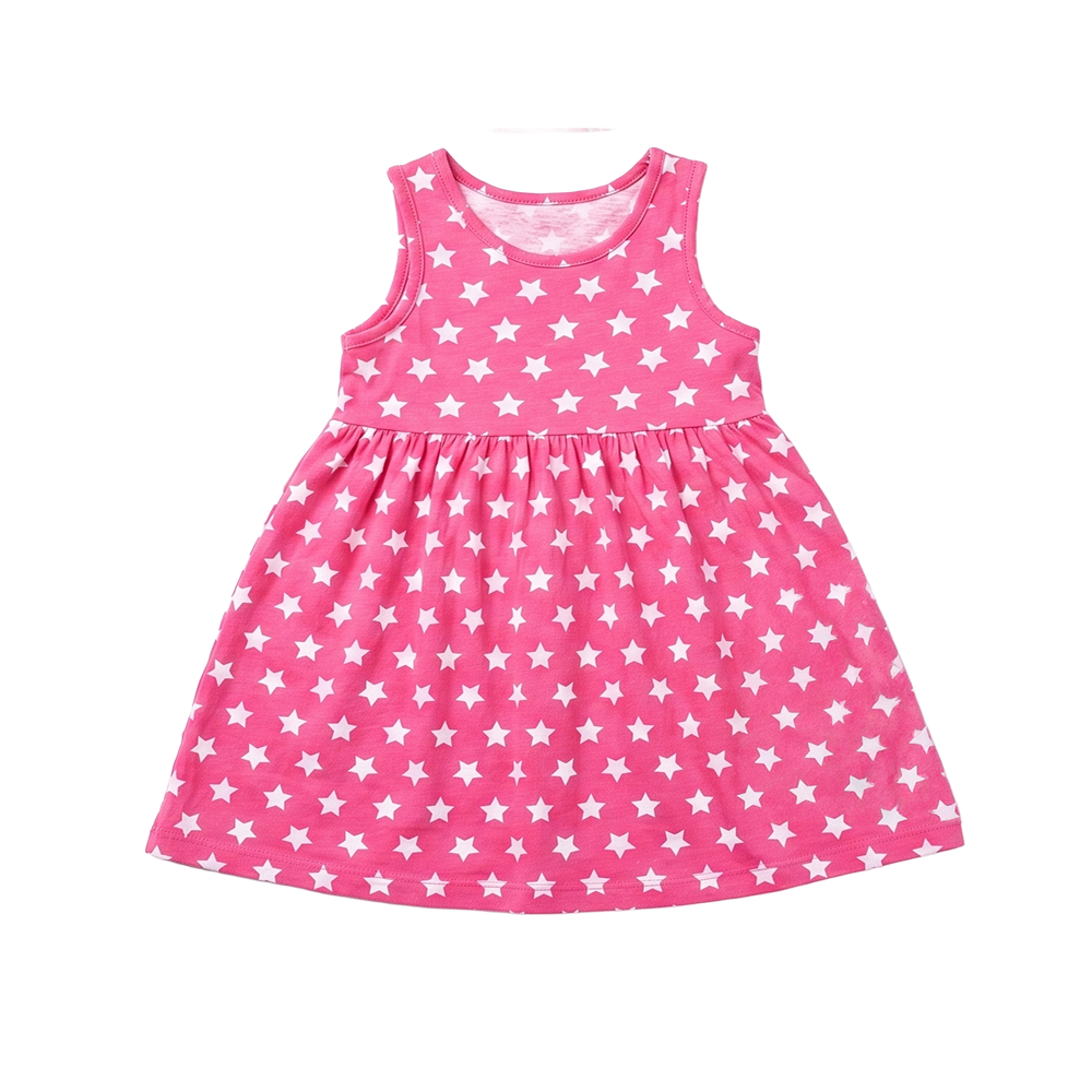 Hot Pink White Star Print Sleeveless Dress for Girls - flat lay on white background