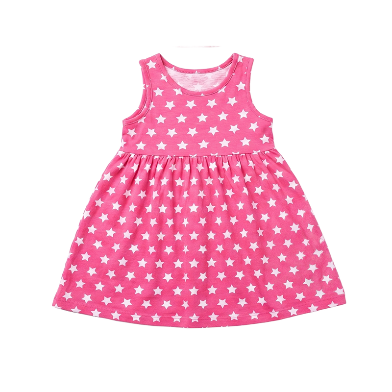 Hot Pink White Star Print Sleeveless Dress for Girls - flat lay on white background