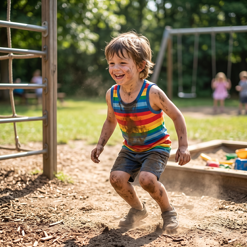 Boy wearing Rainbow Stripe Tank Top running and laughing at playground
