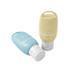 Portable Sanitizing Gel in blue and yellow silicone squeeze bottles