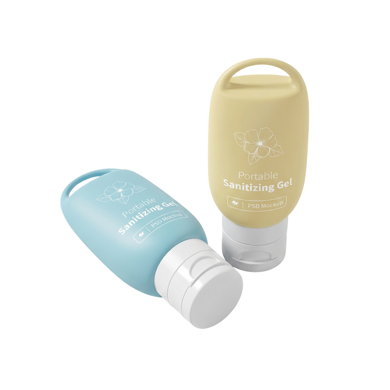 Portable Sanitizing Gel in blue and yellow silicone squeeze bottles