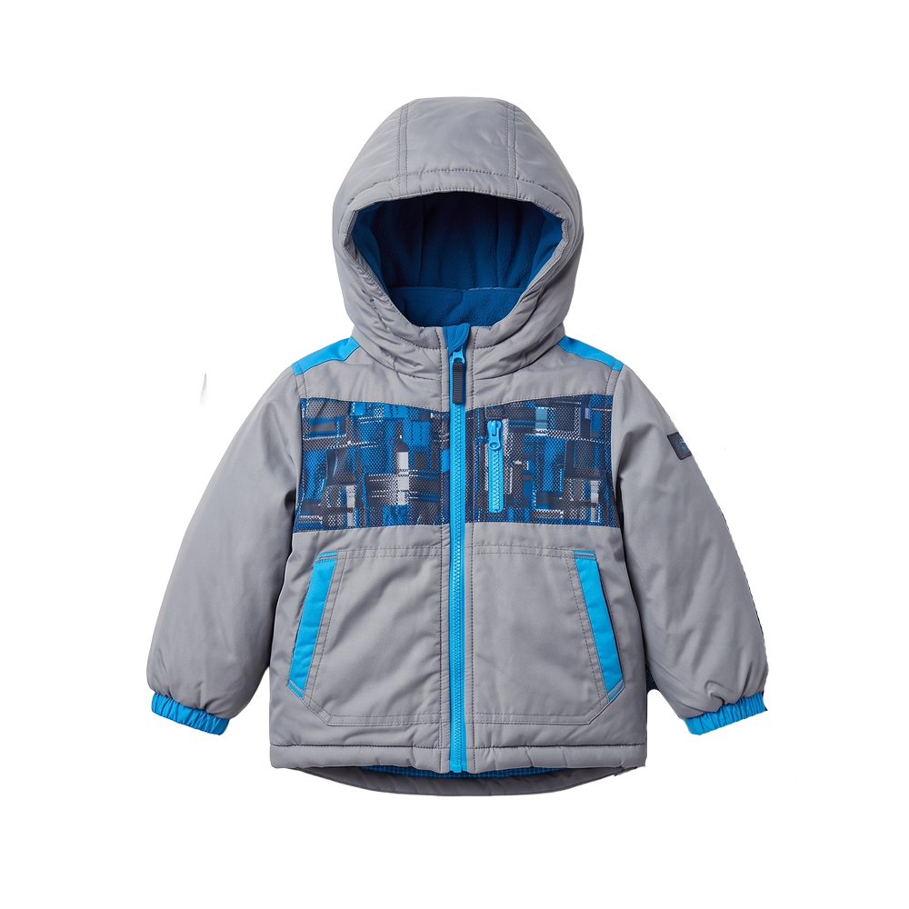 Grey and Blue Kids Ski Jacket front view flat lay
