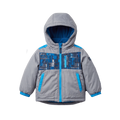 Grey and Blue Kids Ski Jacket front view flat lay