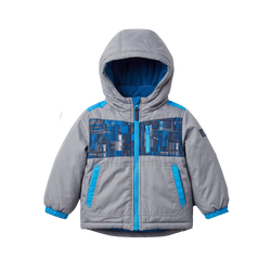Grey and Blue Kids Ski Jacket front view flat lay