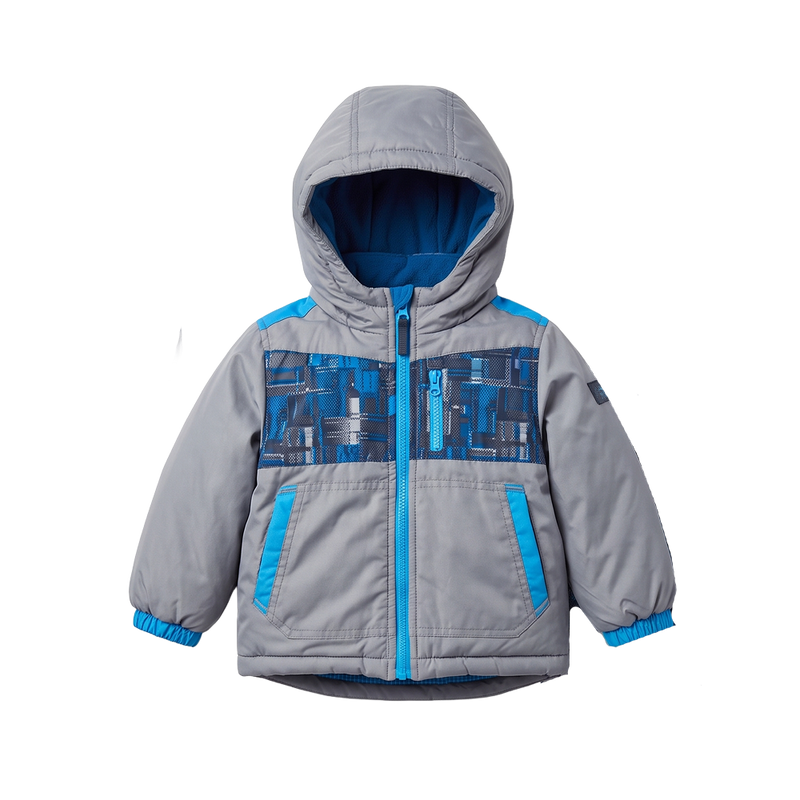 Grey and Blue Kids Ski Jacket front view flat lay