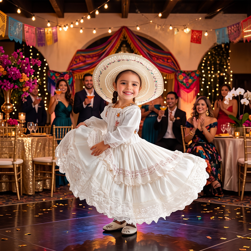 Girl wearing White Folk Dance Dress with sombrero hat twirling at a fiesta celebration with fairy lights
