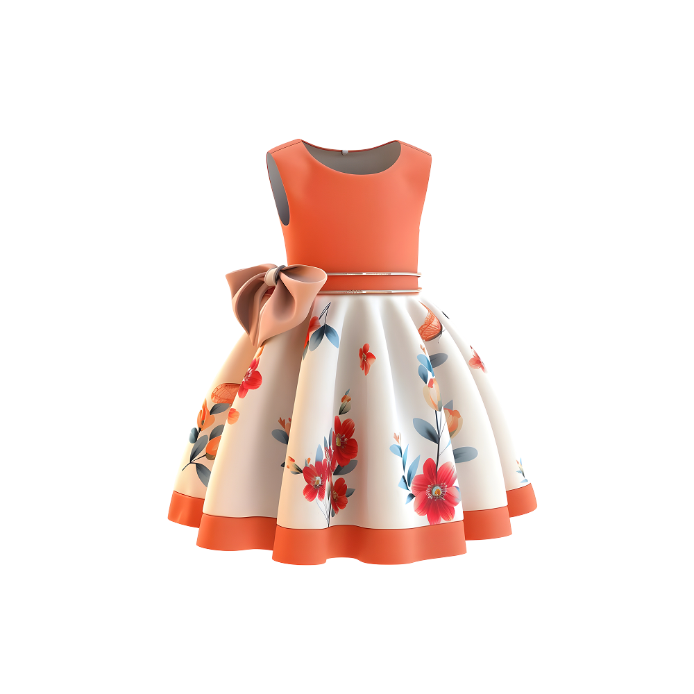 Girls Floral Bow Party Dress - Coral Orange