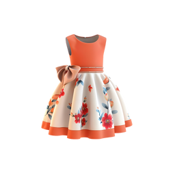 Girls Floral Bow Party Dress - Coral Orange