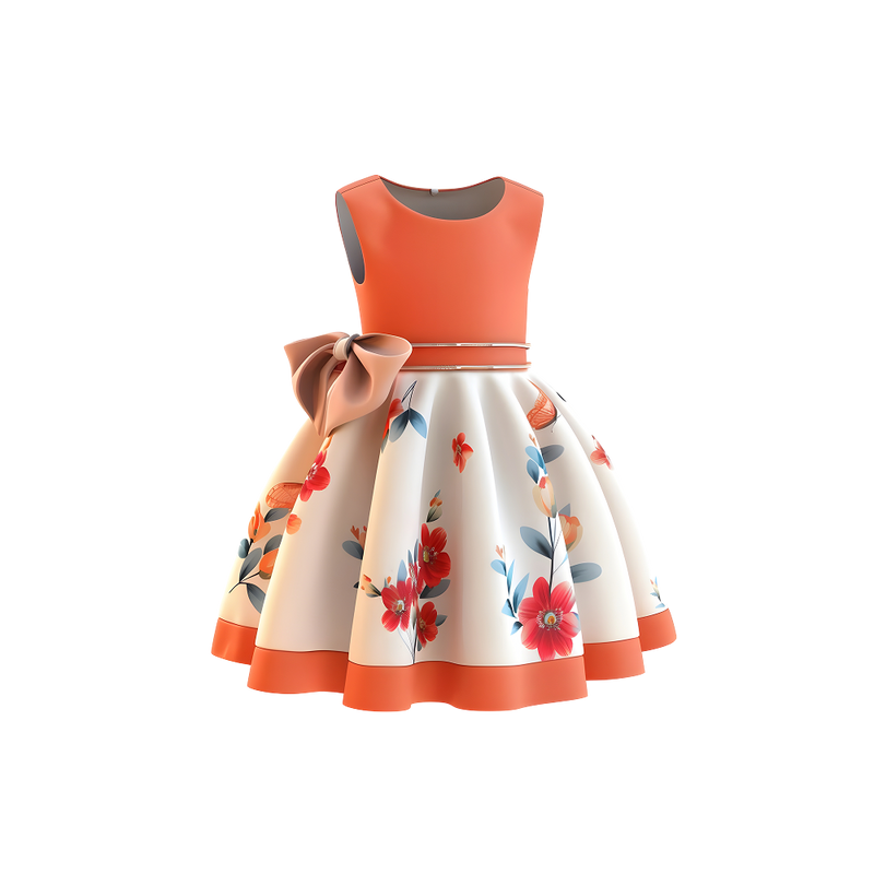 Girls Floral Bow Party Dress - Coral Orange