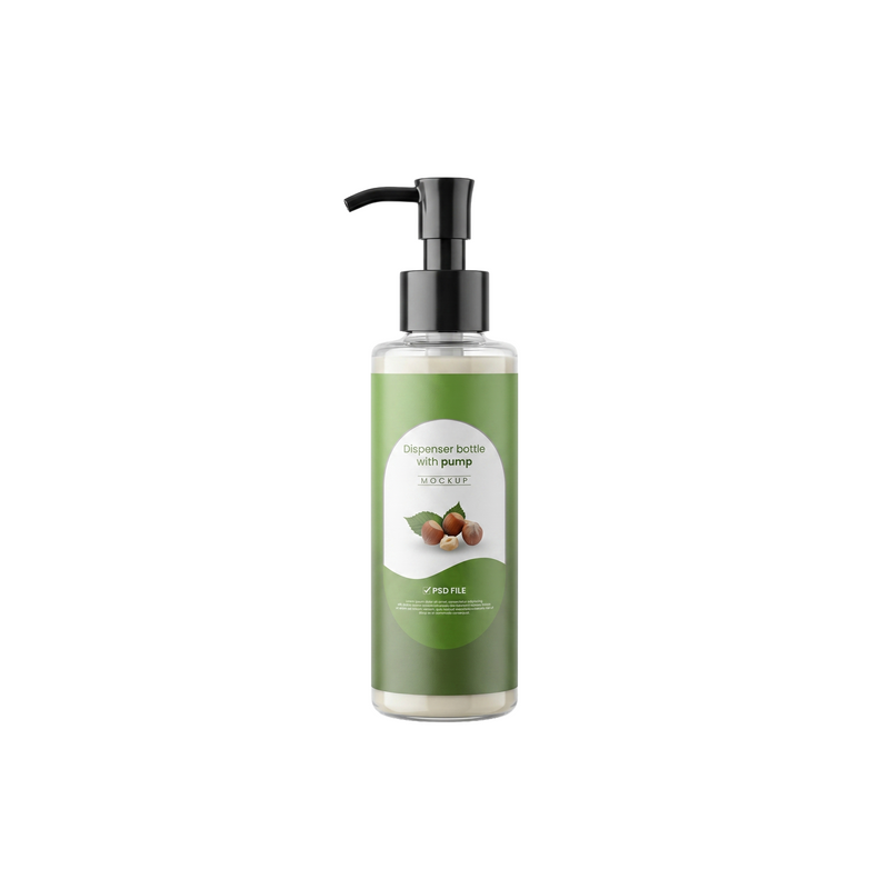 Hazelnut Nourishing Dispenser Lotion in clear pump bottle with green label