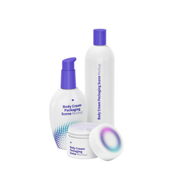 Body Cream Complete Skincare Set with pump bottle, tall dispenser and open jar in white and purple