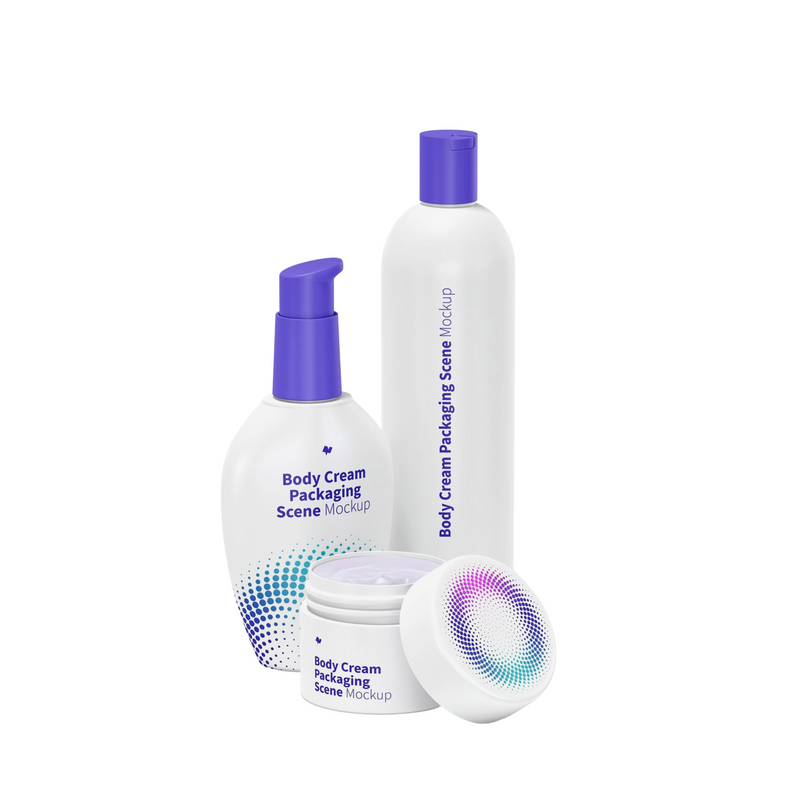 Body Cream Complete Skincare Set with pump bottle, tall dispenser and open jar in white and purple