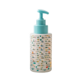Baby lotion pump bottle with white terrazzo pattern and teal pump dispenser