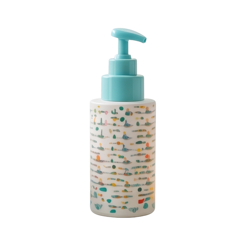 Baby lotion pump bottle with white terrazzo pattern and teal pump dispenser