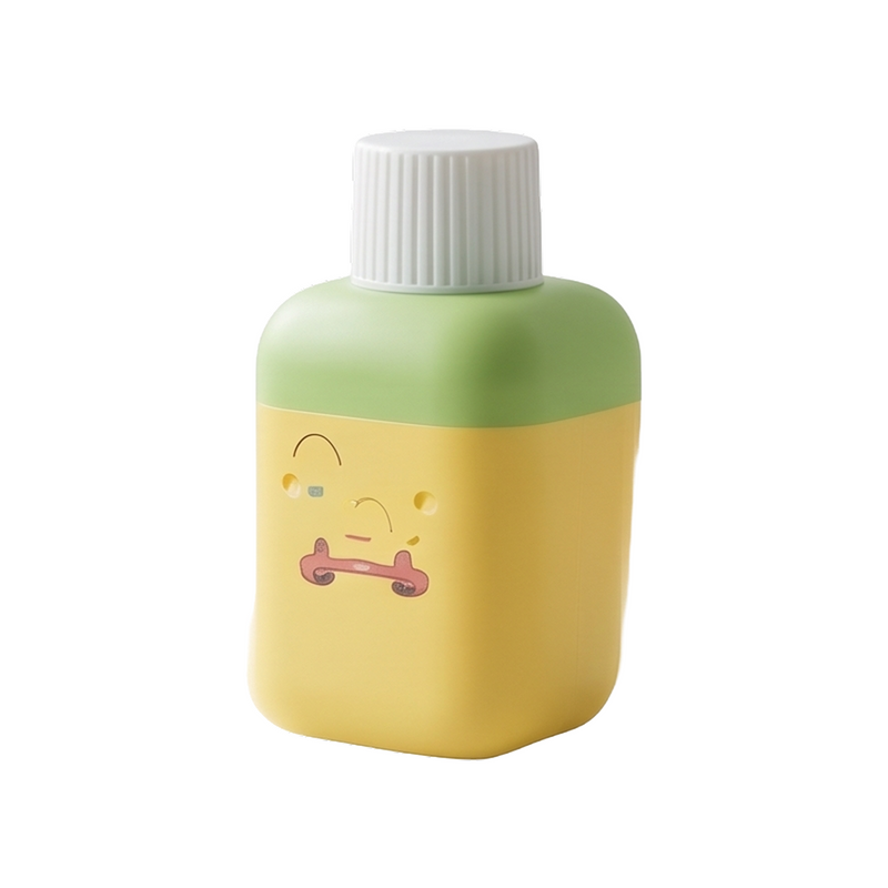 Baby wash bottle with yellow and green design featuring a cute character face