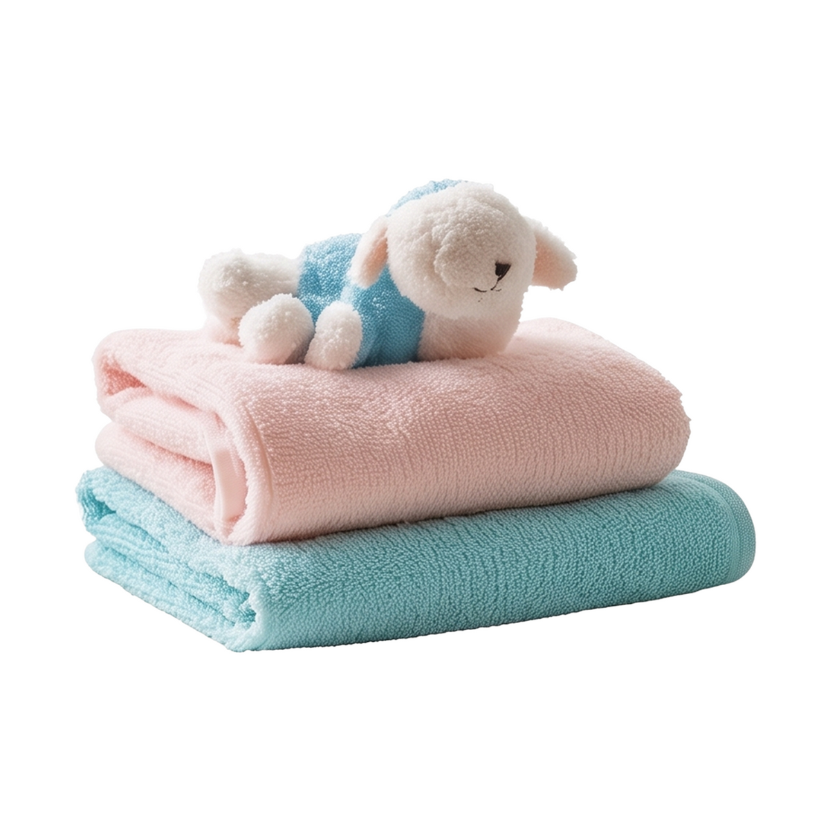 Baby towel set with pink and teal soft towels and a white lamb plush toy on top