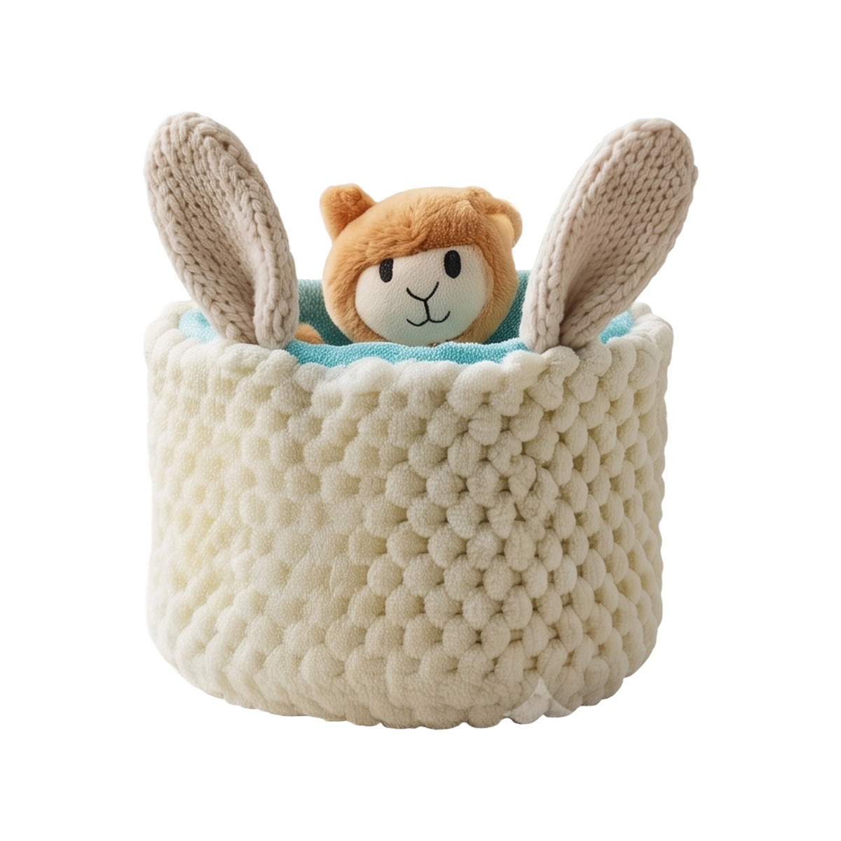 Cream bubble-knit baby storage basket with a bear plush toy and bunny ears inside