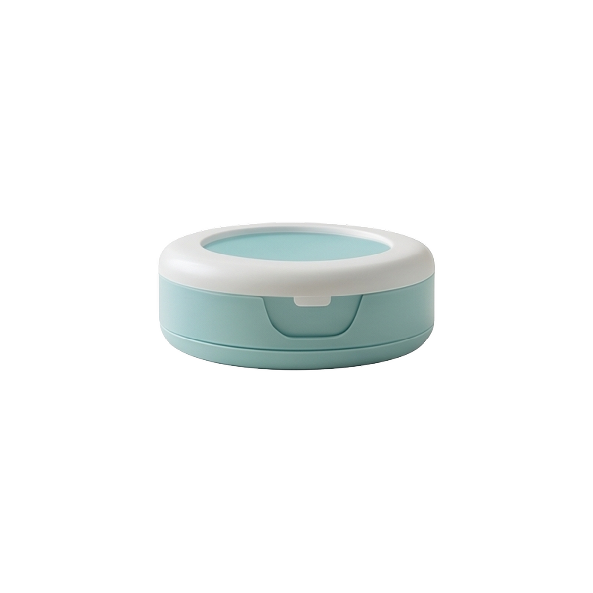 Mint blue round baby wipes dispenser box with white flip-open lid