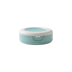 Mint blue round baby wipes dispenser box with white flip-open lid