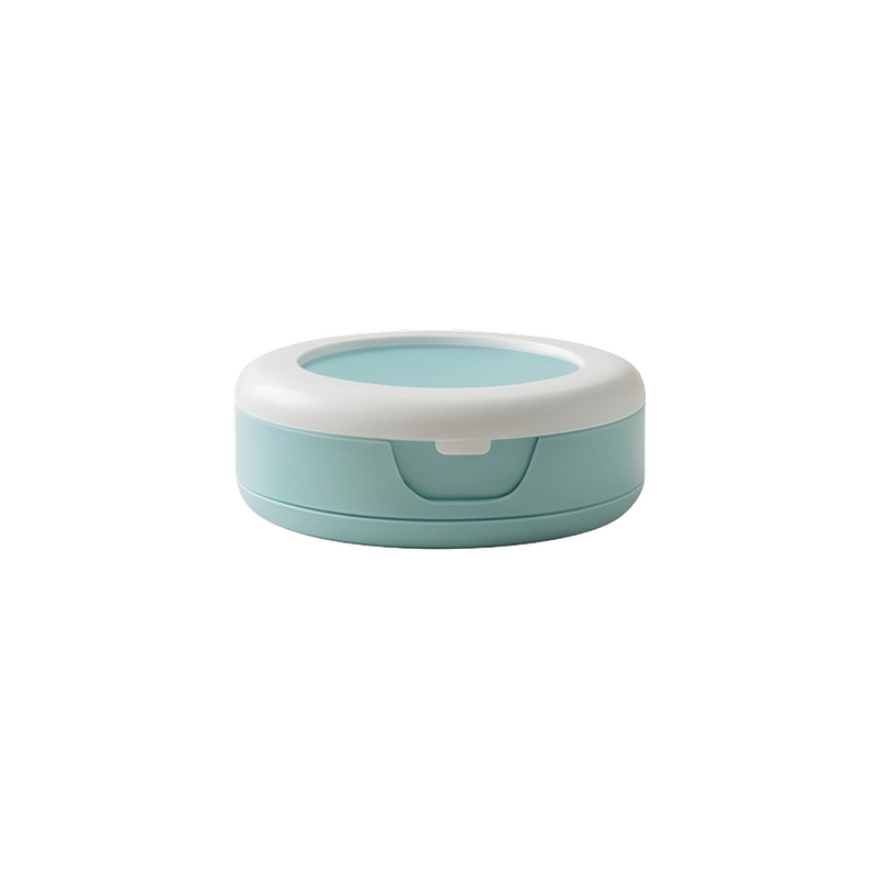 Mint blue round baby wipes dispenser box with white flip-open lid