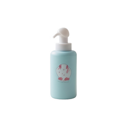Mint blue baby foam body wash pump bottle with a cute bunny illustration