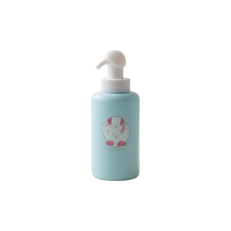 Mint blue baby foam body wash pump bottle with a cute bunny illustration