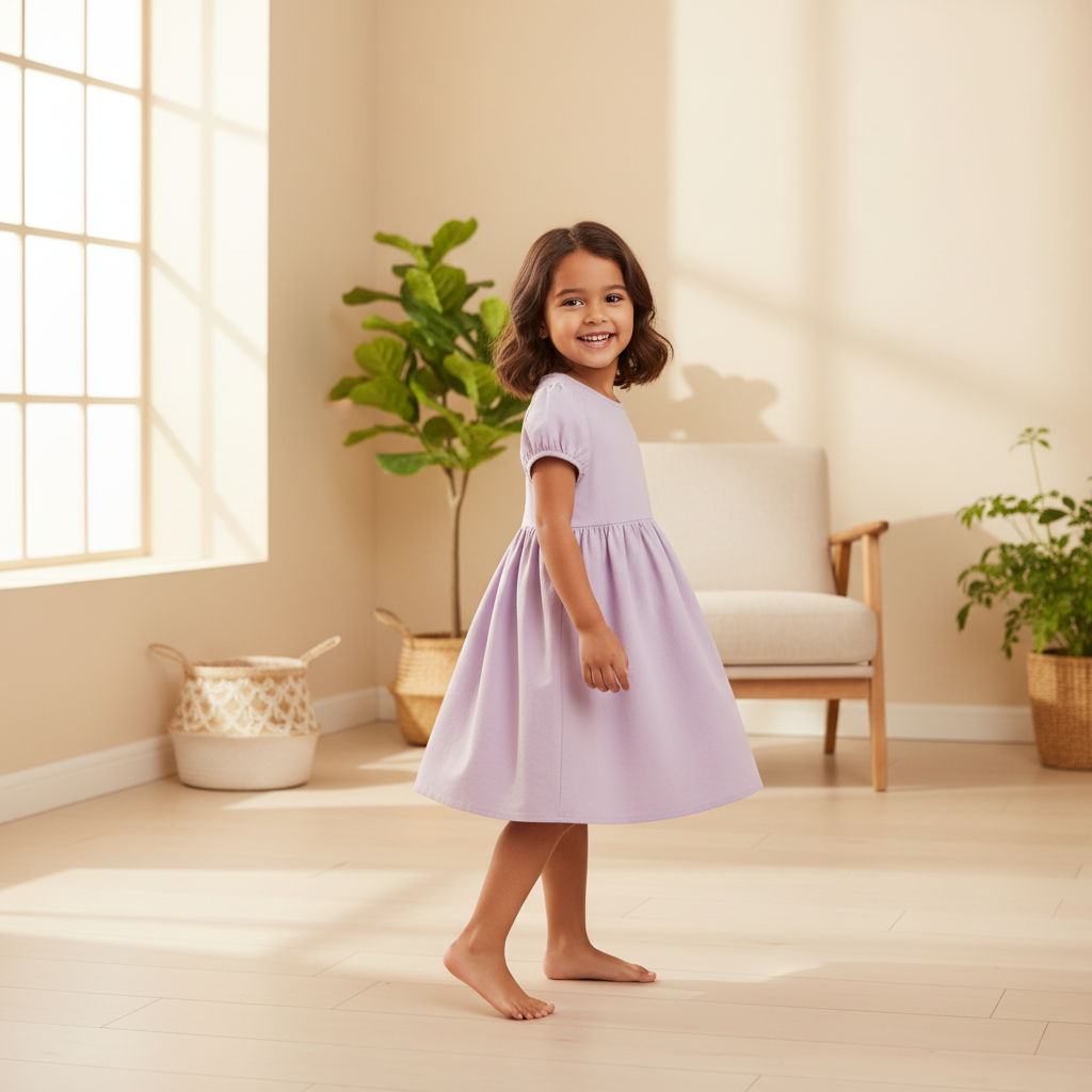 Girl wearing the lavender dress