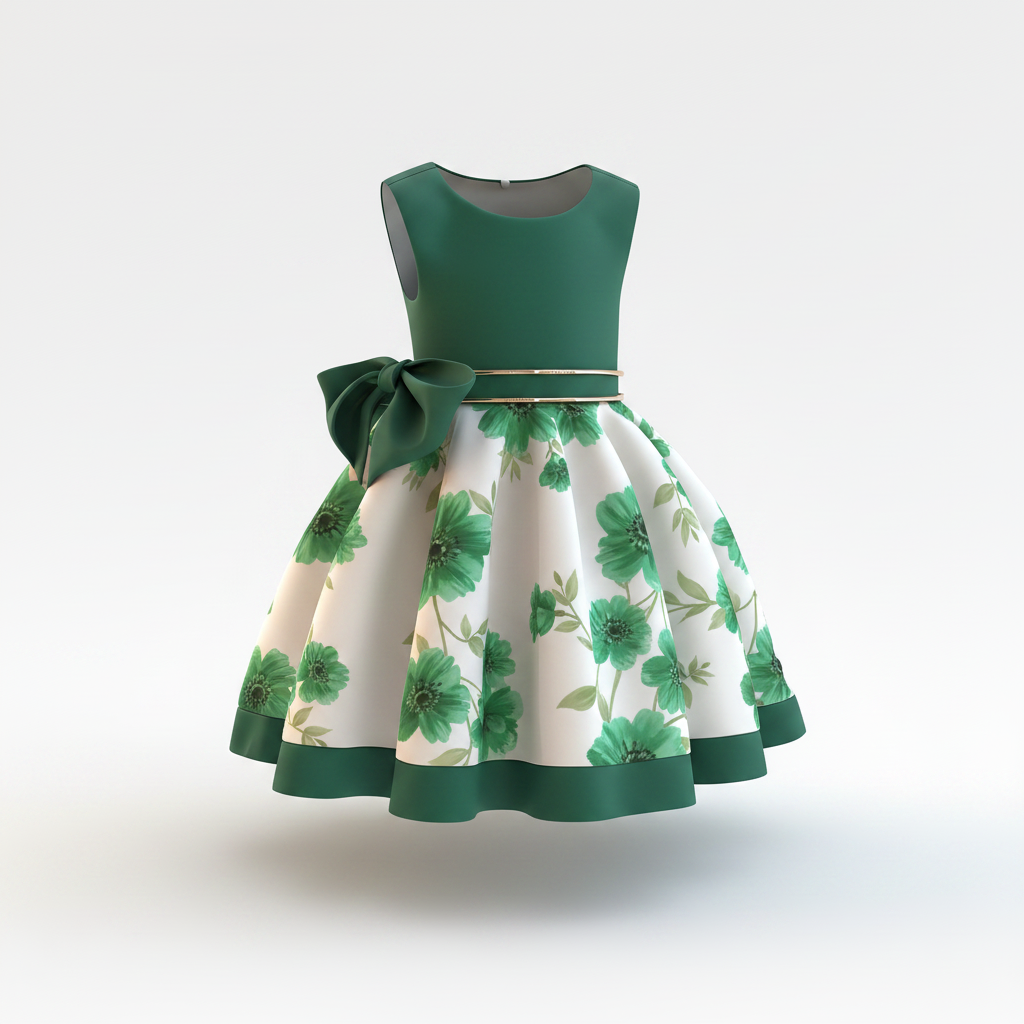 Girls Floral Bow Party Dress - Green