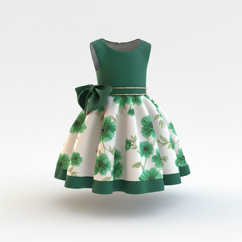 Girls Floral Bow Party Dress - Green