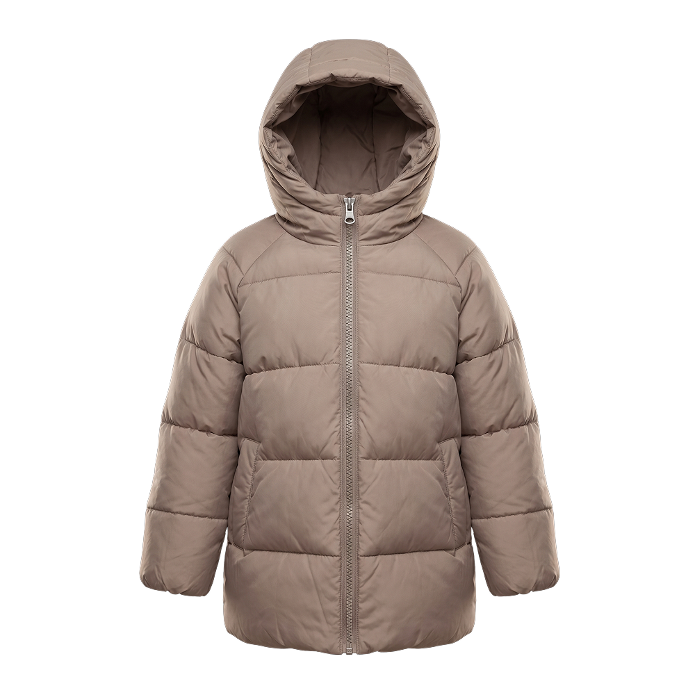 Taupe Quilted Hooded Puffer Jacket for Girls - front view flat lay on white background