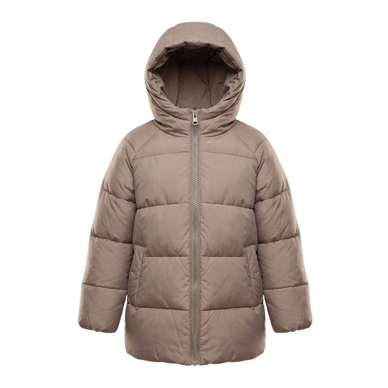 Taupe Quilted Hooded Puffer Jacket for Girls - front view flat lay on white background