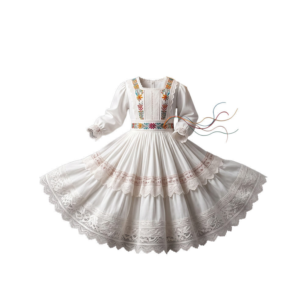 White Floral Embroidered Folk Dance Dress for Girls - front view flat lay showing embroidered bodice and tiered lace skirt