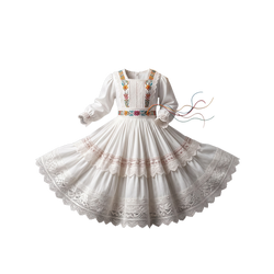 White Floral Embroidered Folk Dance Dress for Girls - front view flat lay showing embroidered bodice and tiered lace skirt