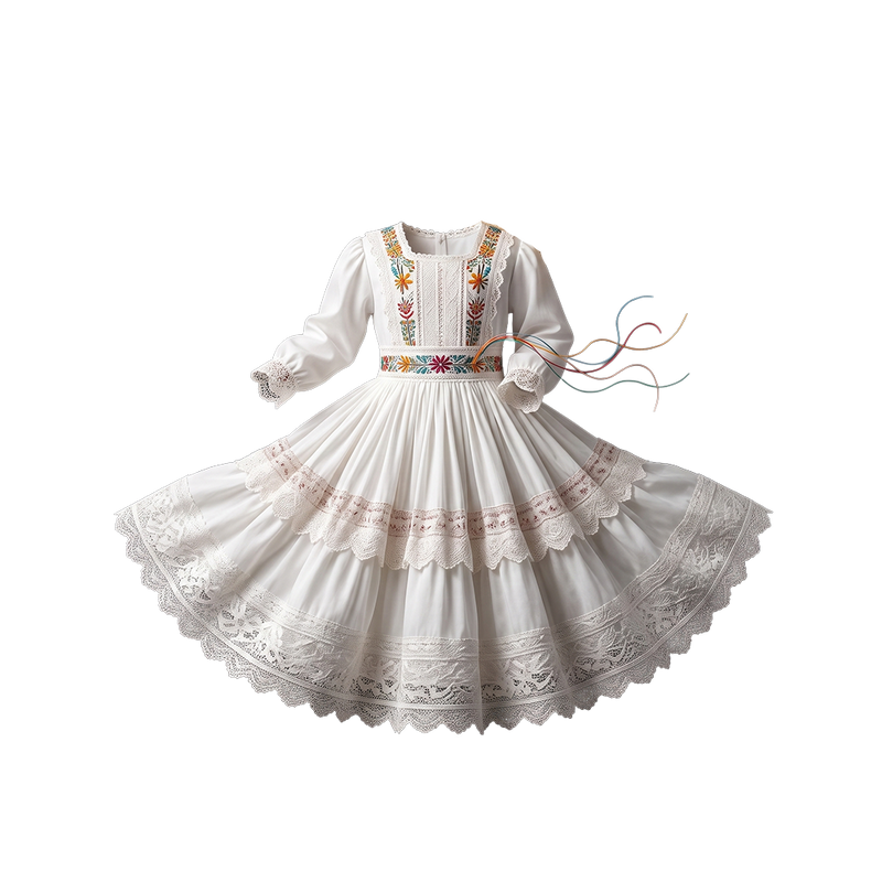 White Floral Embroidered Folk Dance Dress for Girls - front view flat lay showing embroidered bodice and tiered lace skirt
