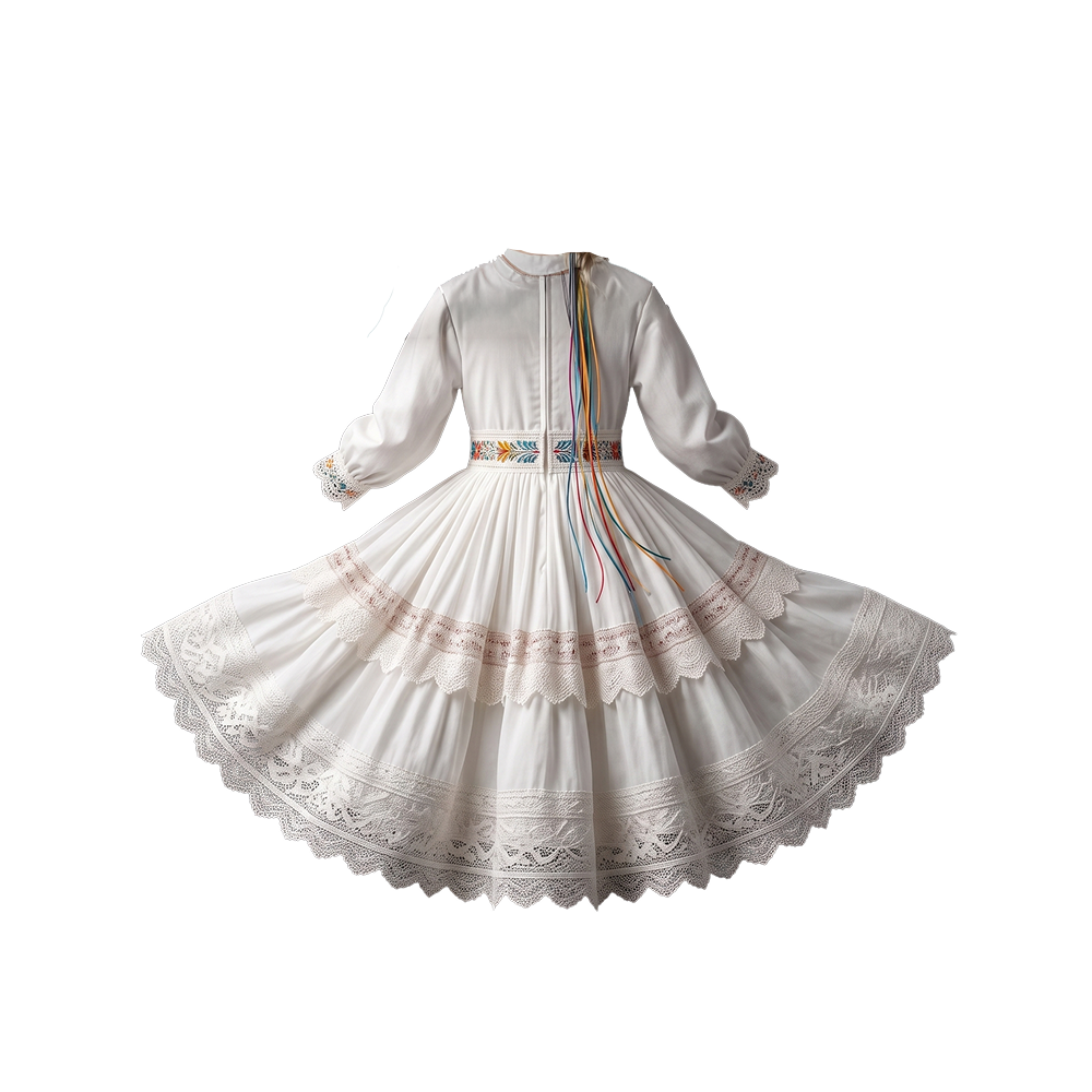 White Floral Embroidered Folk Dance Dress for Girls - back view showing zip closure and rainbow ribbon sash
