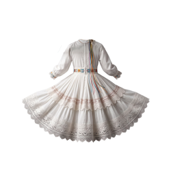 White Floral Embroidered Folk Dance Dress for Girls - back view showing zip closure and rainbow ribbon sash