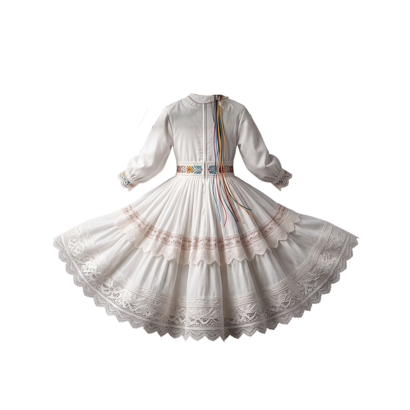 White Floral Embroidered Folk Dance Dress for Girls - back view showing zip closure and rainbow ribbon sash
