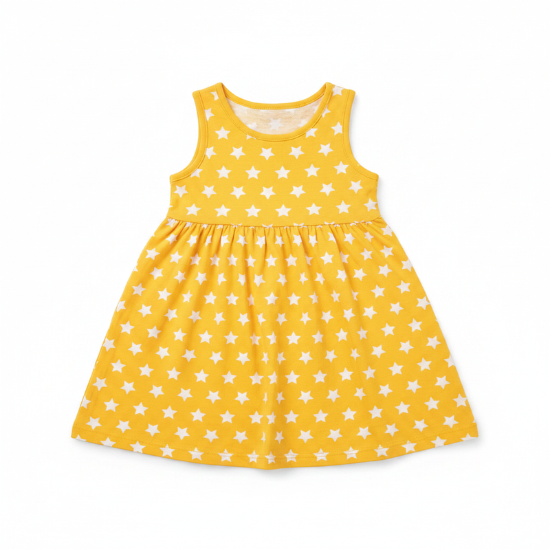 Sunshine Yellow Star Print Sleeveless Dress for Girls