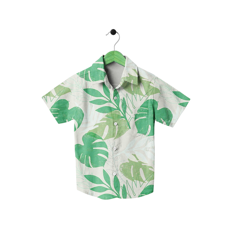 Jungle Green Tropical Leaf Print Short Sleeve Shirt for Boys on hanger - flat product shot