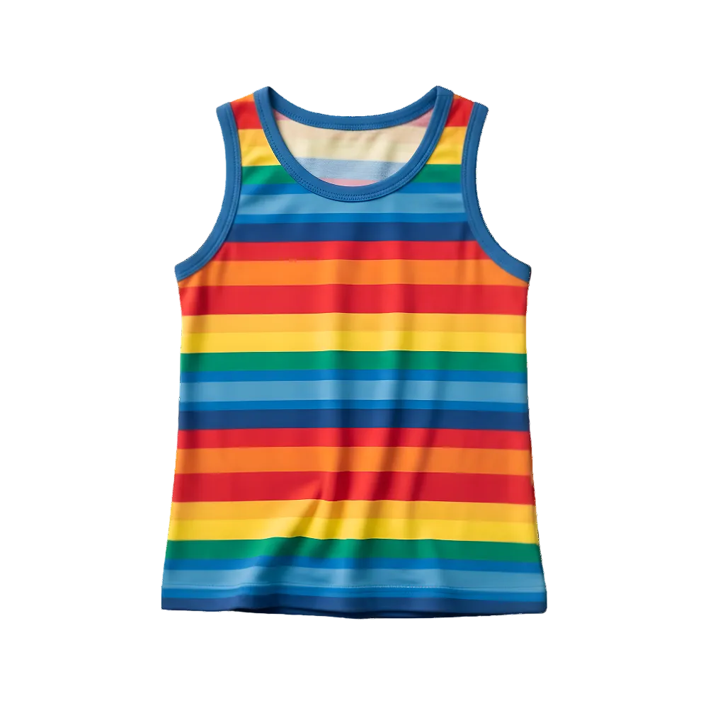Rainbow Stripe Tank Top for Kids - Teal Trim flat lay on white background