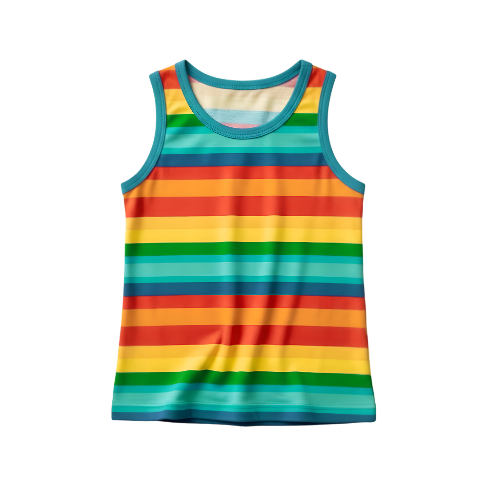 Rainbow Stripe Tank Top for Kids - Blue Trim flat lay on white background