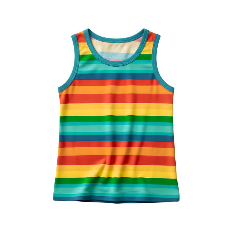 Rainbow Stripe Tank Top for Kids - Blue Trim flat lay on white background