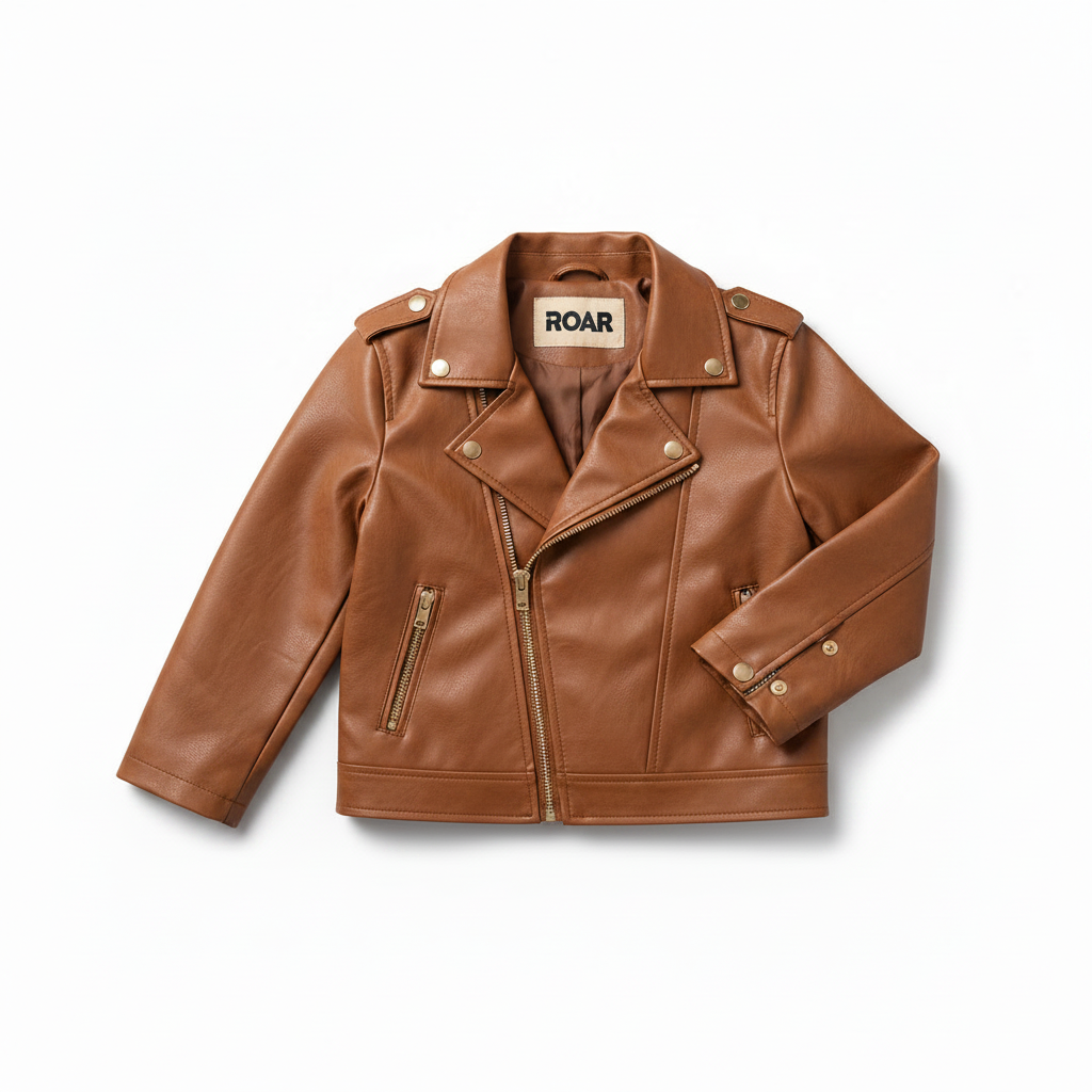 Wooden Caramel Faux Leather Biker Jacket for Kids